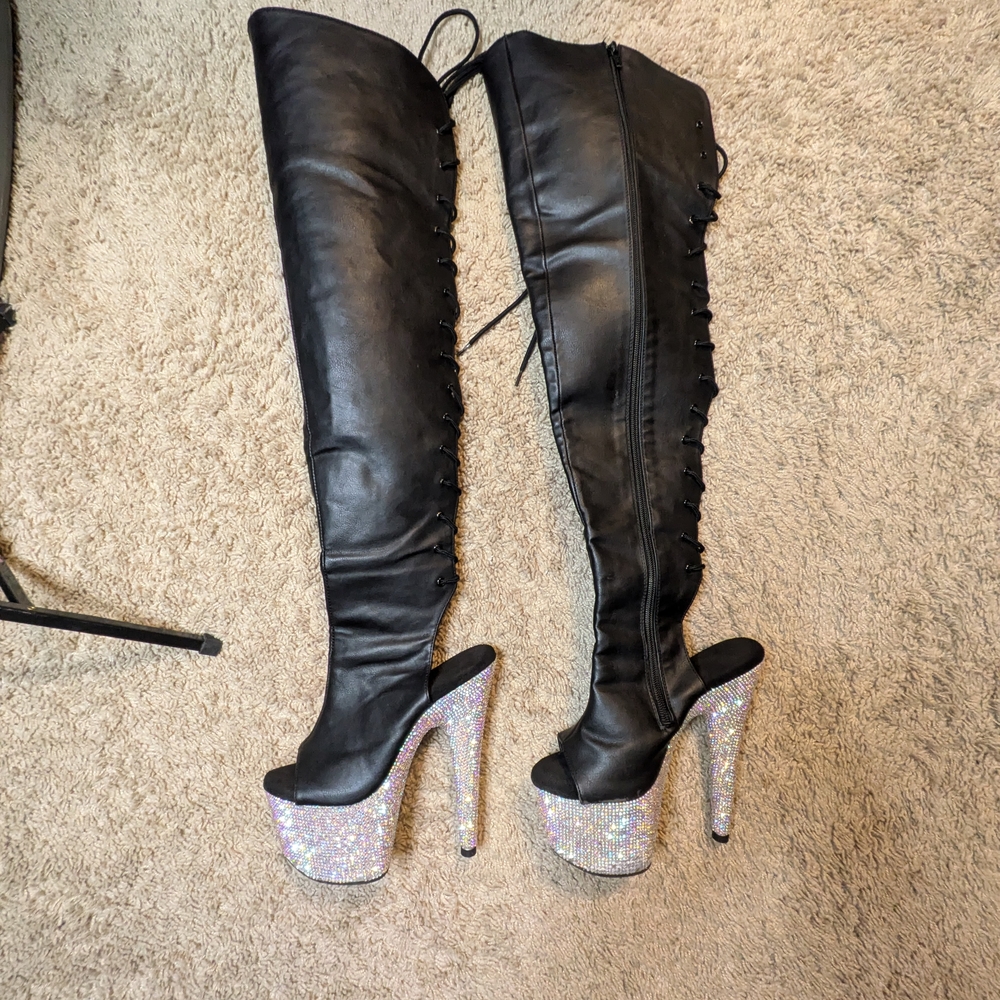 Pleaser Bejeweled Platform Thigh High Boots